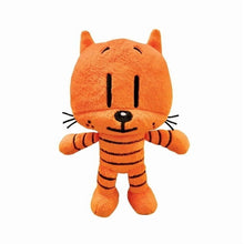 Orange tiger plush with black stripes, stitched smile, and paws