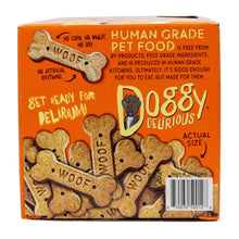 Human grade dog treat box front with bone-shaped treats and Woof text