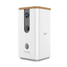 Dogness smart pet treater camera, white with wood top, side view, camera lens and grille