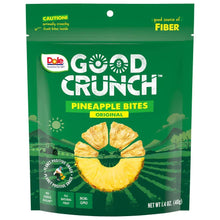 Original pineapple snack bites bag, green front with fruit illustration and nutrition icon.