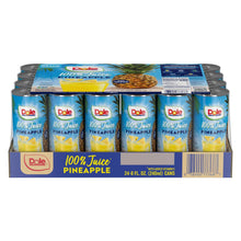 Dole 100% pineapple juice 24-pack with blue labels and pineapple graphics on cans