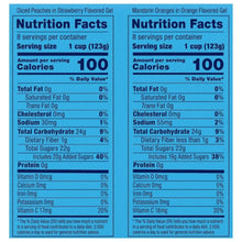 Nutrition Facts labels for diced peaches and mandarin oranges in gel