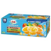 Fruit variety pack box labeled no sugar added featuring diced peaches, mixed fruit, mandarin oranges