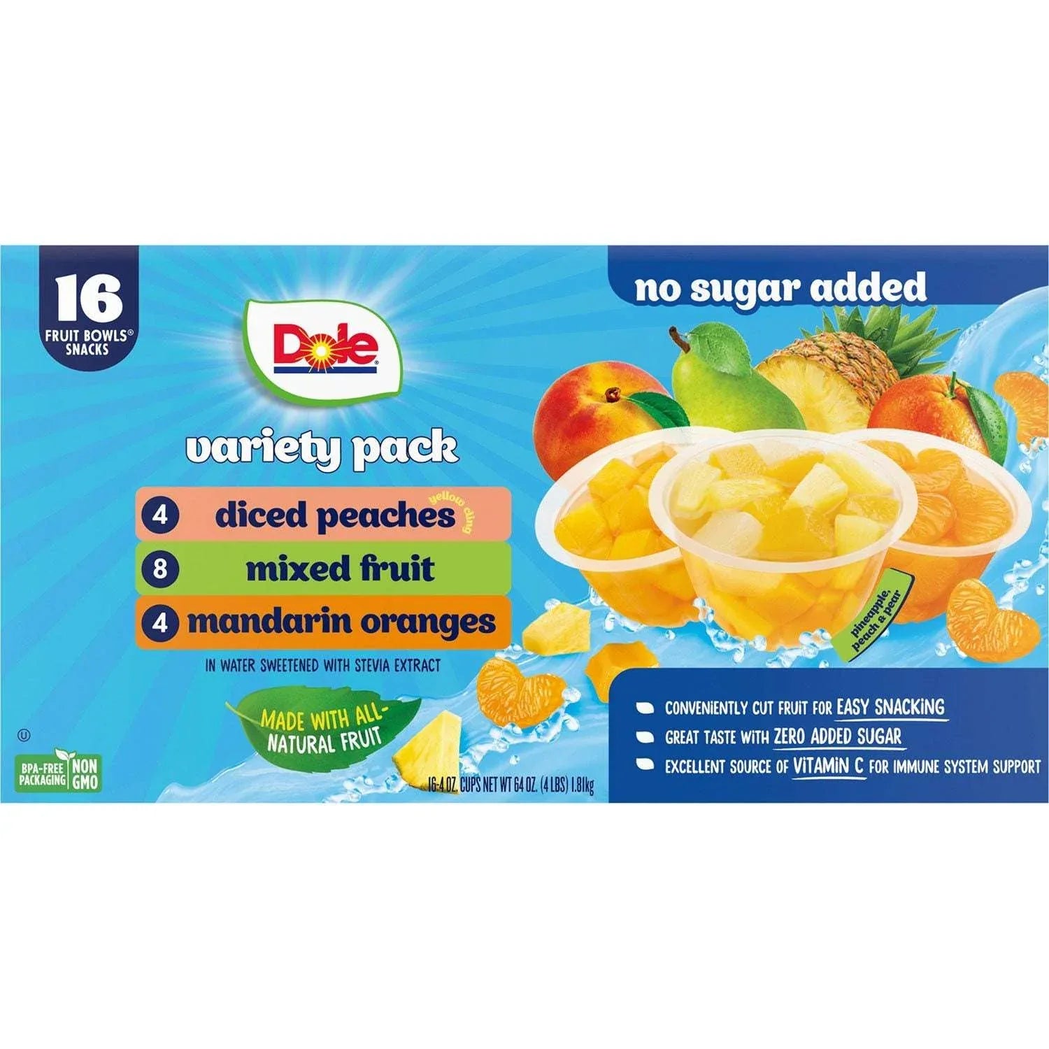 Dole No Sugar Added Mixed Fruit Variety Pack, 4 oz., 16 pk. - USA MEGA SHOP