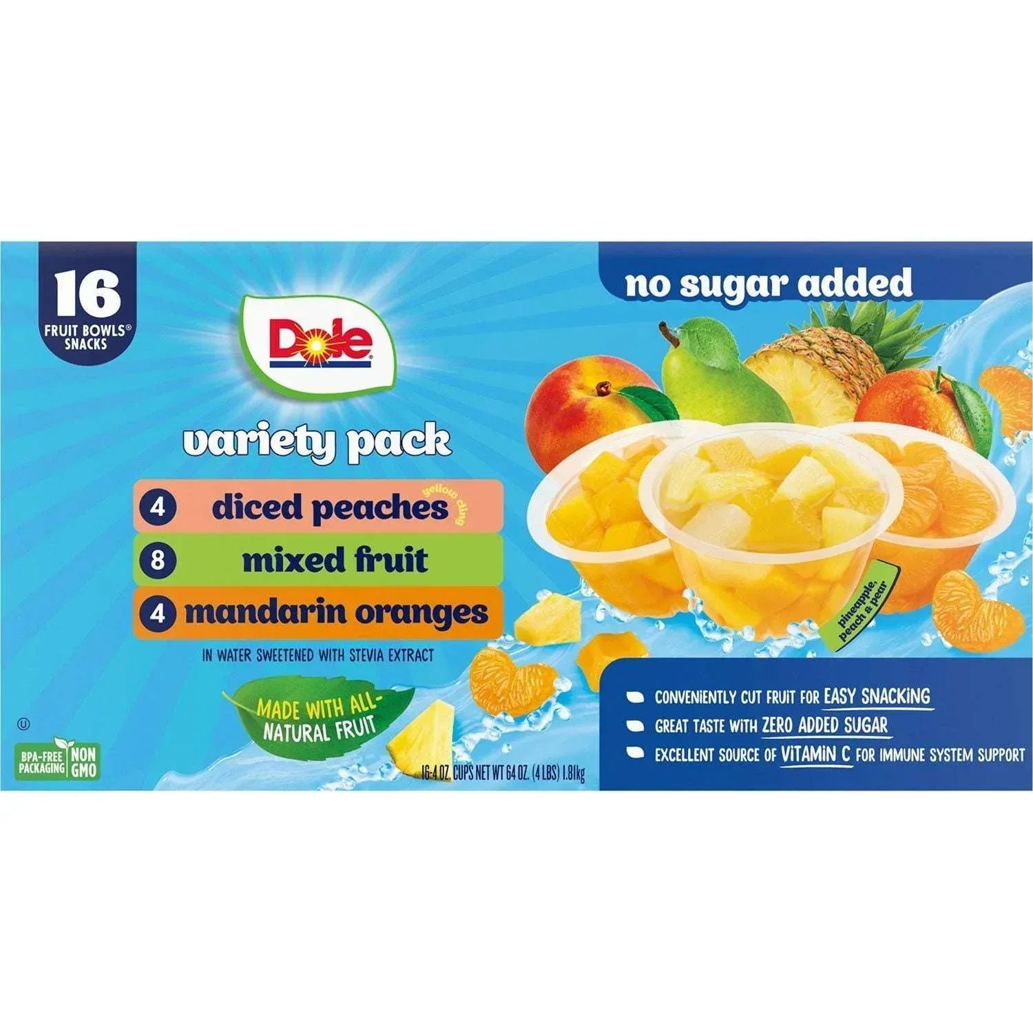 Dole No Sugar Added Mixed Fruit Variety Pack, 4 oz., 16 pk.