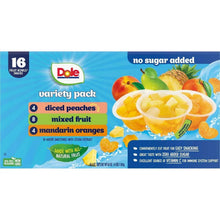 Dole fruit variety pack box labeled no sugar added with diced peaches, mixed fruit, mandarin oranges