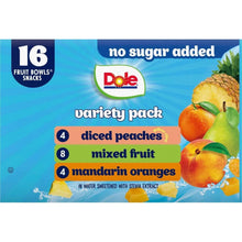 Fruit variety pack box close-up: Dole no sugar added, diced peaches 4, mixed fruit 8, mandarin 4