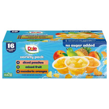 Fruit variety pack box labeled no sugar added with diced peaches, mixed fruit, mandarin oranges