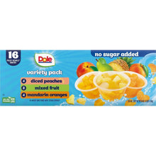 Fruit variety pack box labeled no sugar added showing diced peaches, mixed fruit, mandarin oranges