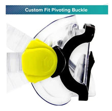 Swim mask with custom fit pivoting buckle and yellow adjuster