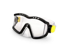 Adult swim mask with black frame, clear lenses and yellow side valve