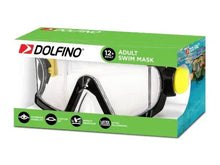 DOLFINO adult swim mask package with black frame, clear lenses and yellow accents