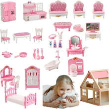 Pink and white miniature dollhouse furniture set accessories, multiple rooms.