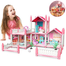 Pink 5-room dollhouse playset with balcony railings, furniture, and doll figure