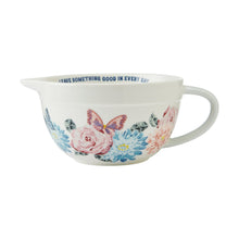 Ceramic batter bowl, white, with colorful floral butterfly print and side handle