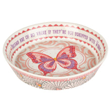 Stoneware pie dish with red and blue butterfly mosaic design, round shallow bowl