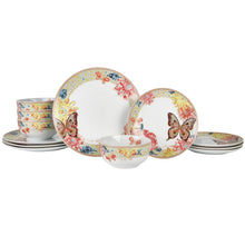 Butterfly mosaic dinner plates, white centers with red, peach, and blue butterfly accents