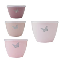 Blush plastic mixing bowls set with airtight lids, featuring butterfly decals