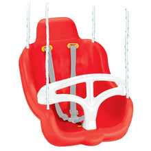 Red and white plastic toddler swing seat with white safety harness and hanging ropes