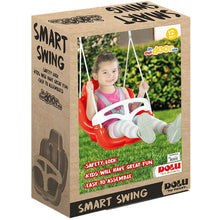 Smart swing retail box showing red swing seat, child on ropes, and safety lock