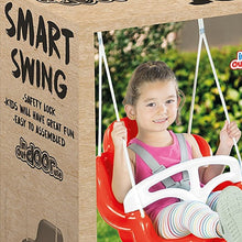 Smart swing retail box featuring a smiling child on the red swing seat with ropes