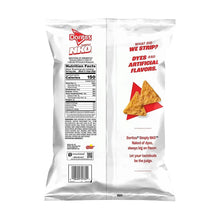 Tortilla chips bag with nutrition facts panel and side text on the back