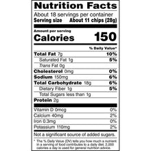 Nutrition Facts label for tortilla chips showing about 11 chips per serving