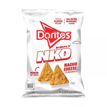 Tortilla chips bag labeled nacho cheese flavor with three triangular chip pieces