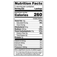 Nutrition Facts label for tortilla chips, 260 calories per serving