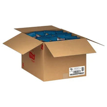 Open cardboard box with blue tortilla chip bags inside