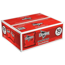 Doritos nacho cheese tortilla chips 50-count box, red with chip bag graphics