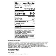 Nutrition facts label for Dot's original seasoned pretzel twists, 36 servings, 28g