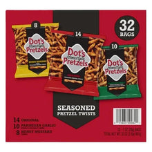 Seasoned pretzel twists variety pack front with 32 bags and flavor labels