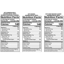Nutrition facts panels for seasoned pretzel twists, three flavor varieties