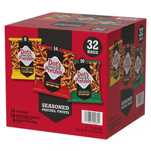 Seasoned pretzel twists variety pack box with 32 bags and three flavor packages