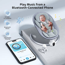 Gray baby swing rocker with Bluetooth music from a smartphone and built-in controls