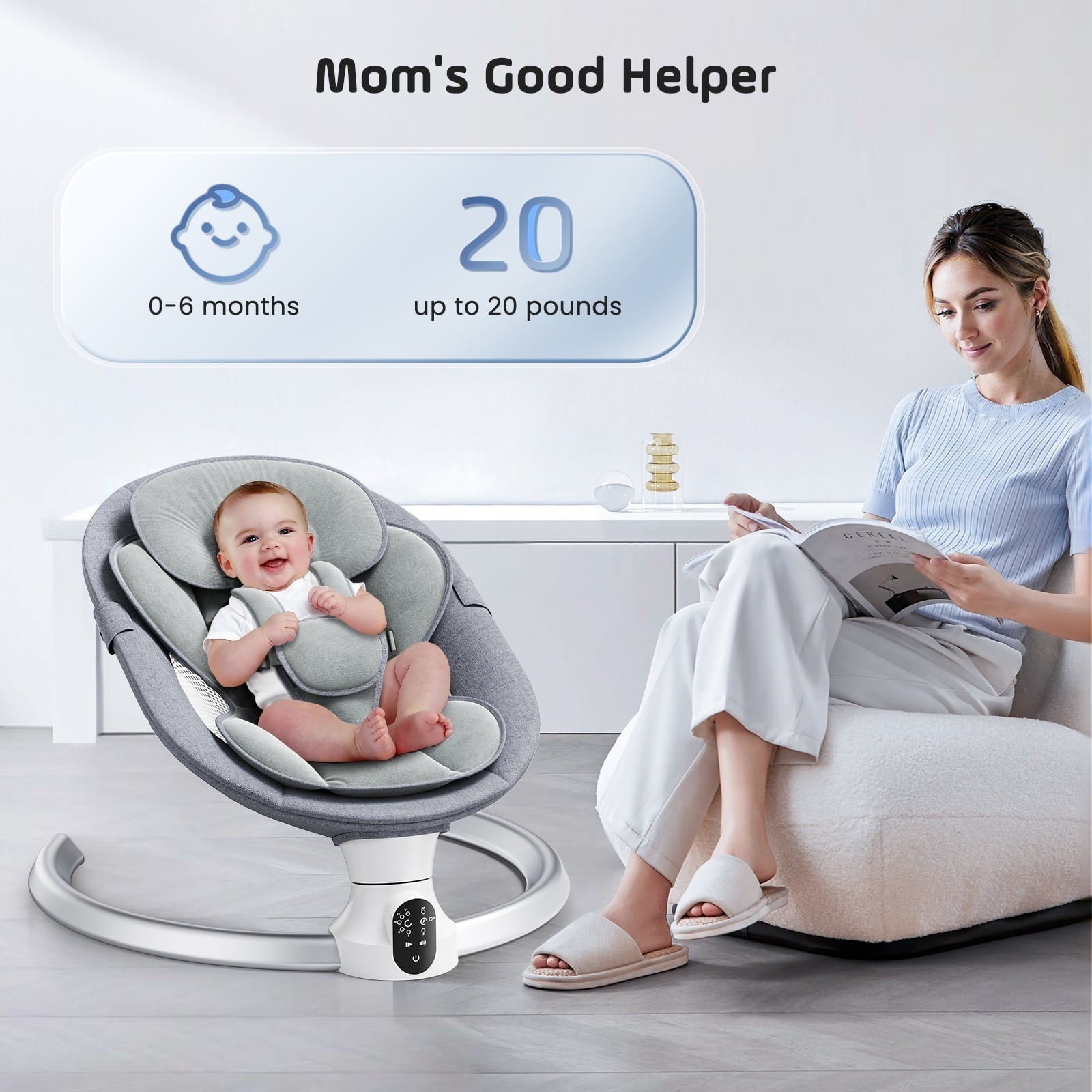 Doulami Electric Baby Swing for Newborn to Toddler Portable Infant Swing Rocker with Remote & APP Control & IMD Touch Panel, 5 Sway Speeds, 10 Lullabies