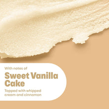 Sweet vanilla cake body scrub scent notes with creamy whipped topping text