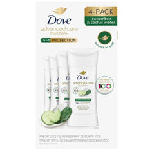 Dove advanced care deodorant stick 4-pack, white containers with cucumber graphic