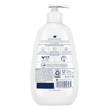 Dove Advanced Care hand wash bottle back label with icons and directions