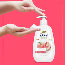 Dove Advanced Care peach & rice milk hand wash pump with hands dispensing