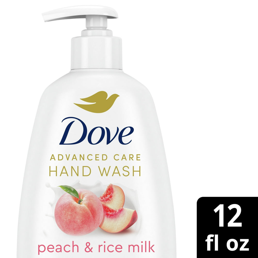 Dove Advanced Care peach & rice milk hand wash bottle, 12 fl oz front label