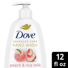 Dove Advanced Care peach & rice milk hand wash bottle, 12 fl oz front label