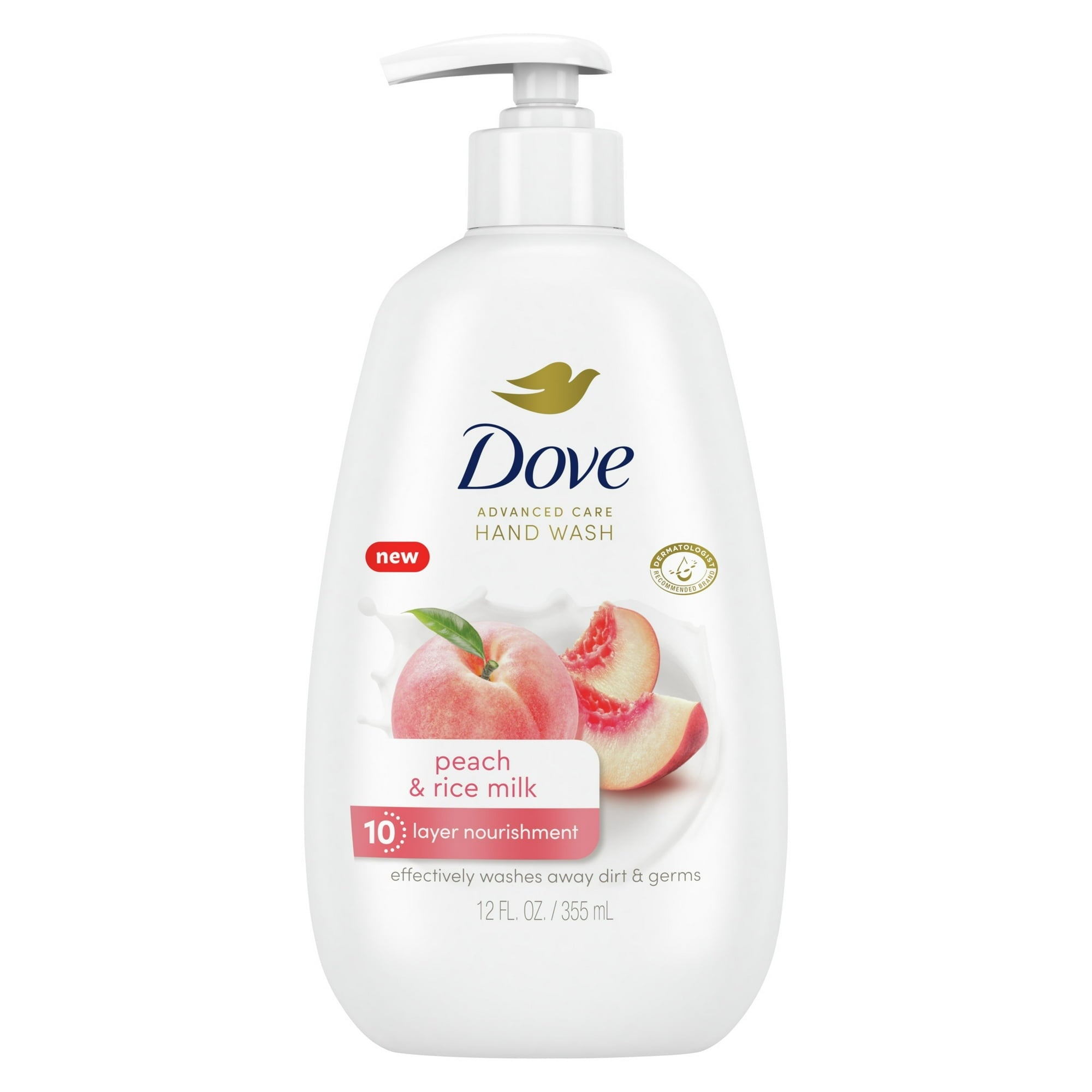 Dove Advanced Care peach & rice milk nourishing hand wash bottle, 12 fl oz