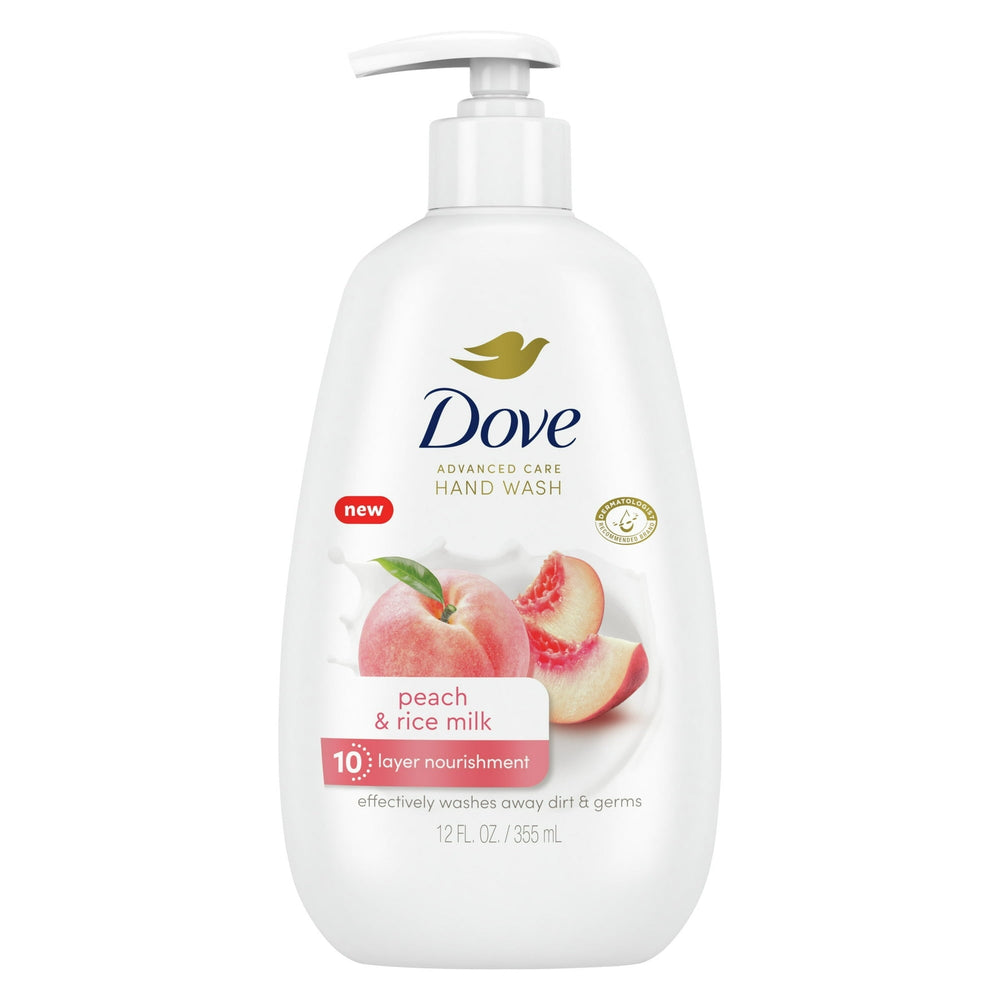 Dove Advanced Care peach & rice milk nourishing hand wash bottle, 12 fl oz
