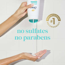 Body wash squeeze from bottle into hands with 'no sulfates no parabens' text