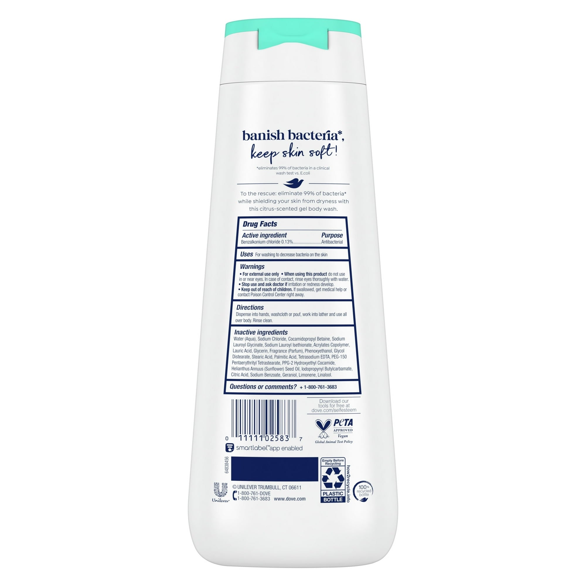 Dove Antibacterial Daily Use Body Wash for Women Protects from Dryness All Skin, 20 oz