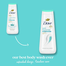Two Dove anti-bacterial body wash bottles with teal caps and white labels