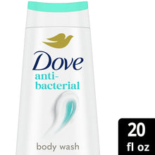 Dove anti-bacterial body wash bottle with label showing 20 fl oz body wash