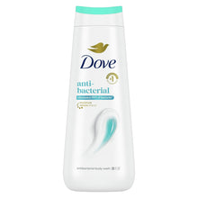 Dove anti-bacterial body wash bottle with teal cap and white label